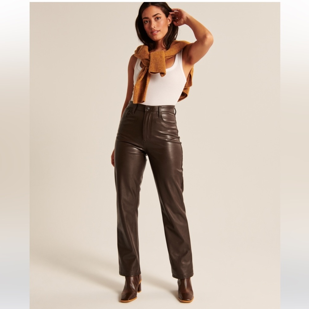 NWT Abercrombie 90s Straight Curve Love Faux Leather Brown Pants